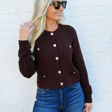 blu pepper Tops - Sweaters Gold Button Down Pocket Detail Knit Cardigan In Brown