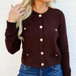 blu pepper Tops - Sweaters Gold Button Down Pocket Detail Knit Cardigan In Brown