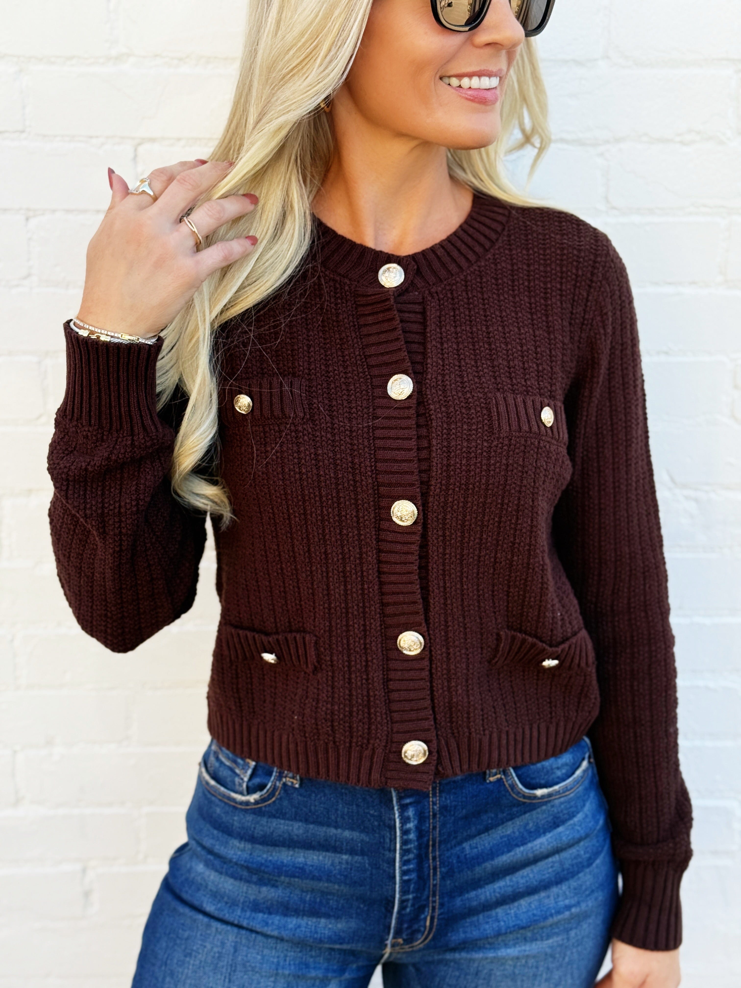 blu pepper Tops - Sweaters Gold Button Down Pocket Detail Knit Cardigan In Brown