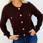 blu pepper Tops - Sweaters Gold Button Down Pocket Detail Knit Cardigan In Brown