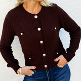blu pepper Tops - Sweaters Gold Button Down Pocket Detail Knit Cardigan In Brown