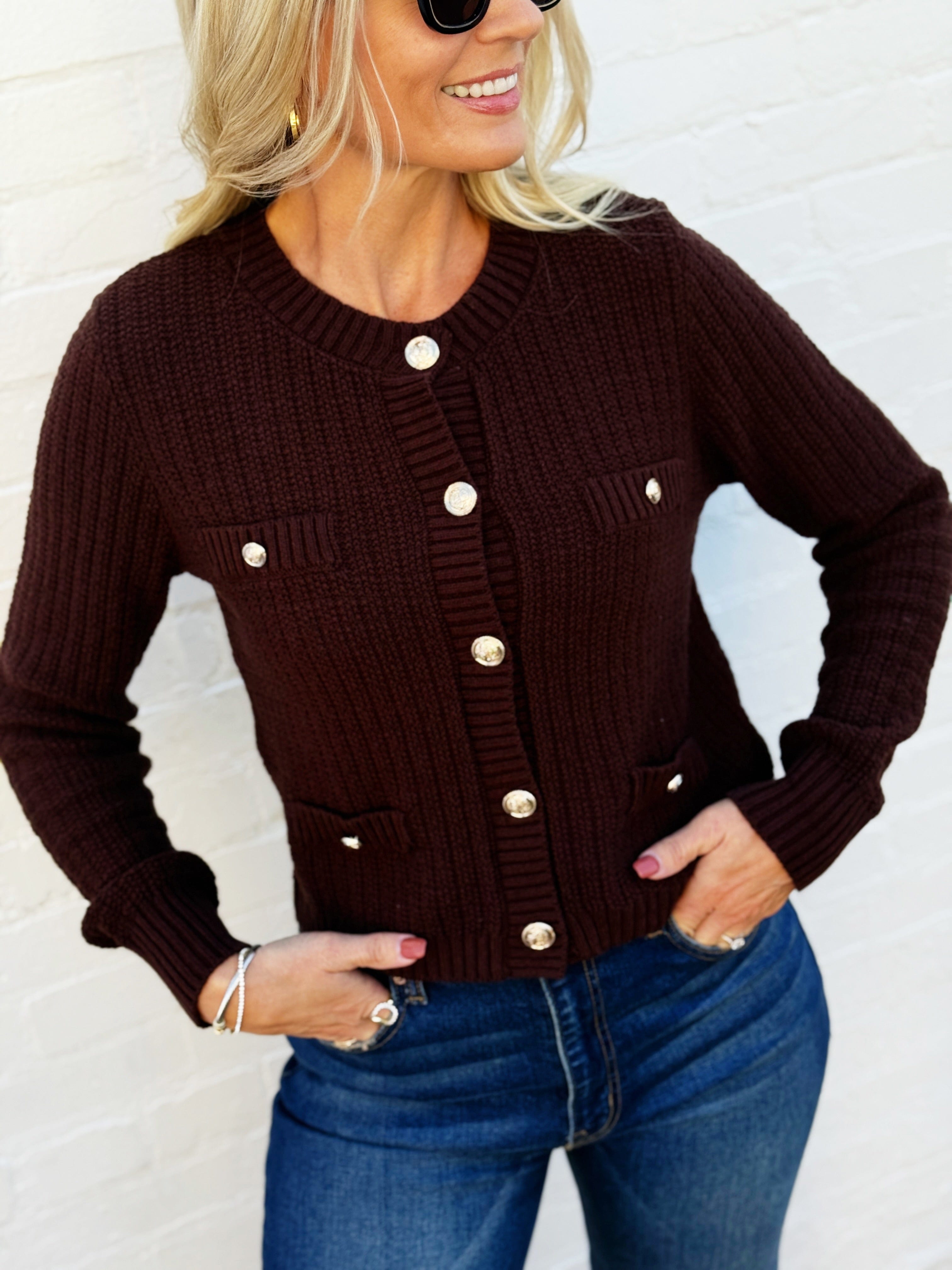 blu pepper Tops - Sweaters Gold Button Down Pocket Detail Knit Cardigan In Brown