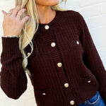 blu pepper Tops - Sweaters Gold Button Down Pocket Detail Knit Cardigan In Brown