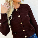 blu pepper Tops - Sweaters Gold Button Down Pocket Detail Knit Cardigan In Brown