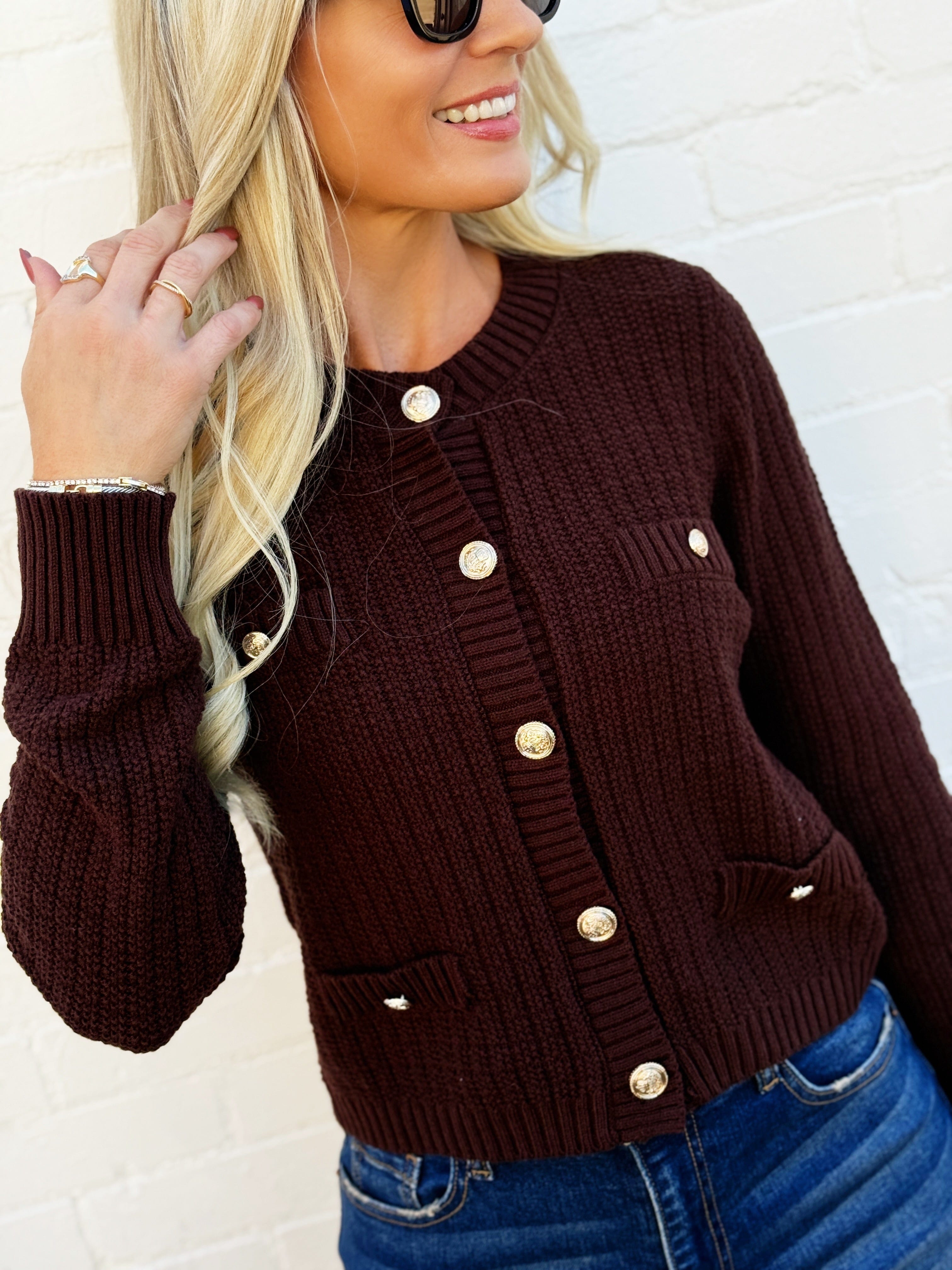 blu pepper Tops - Sweaters Gold Button Down Pocket Detail Knit Cardigan In Brown