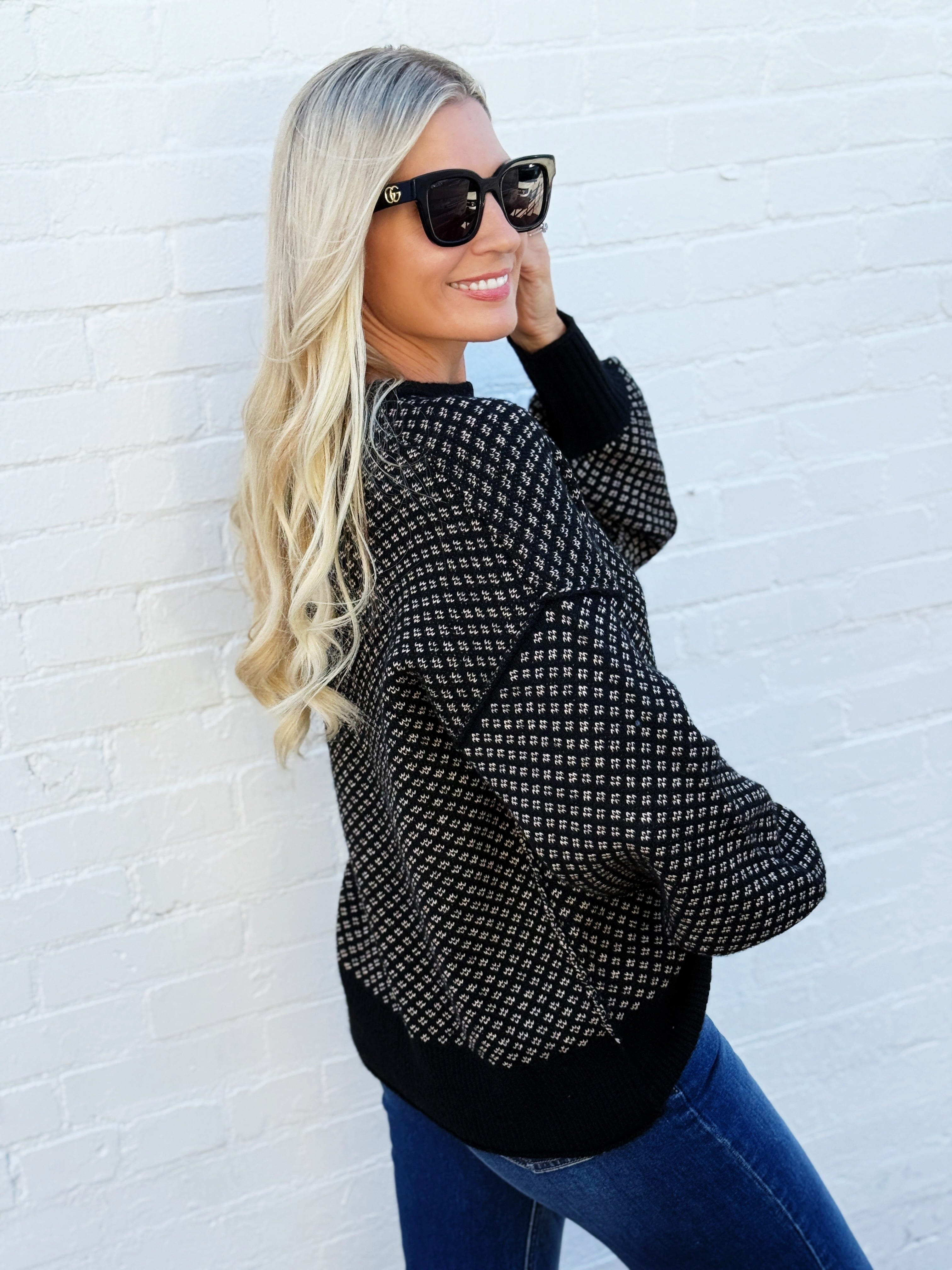 blu pepper Tops - Sweaters Mini Jacquard Crew Neck Knit Sweater In Black