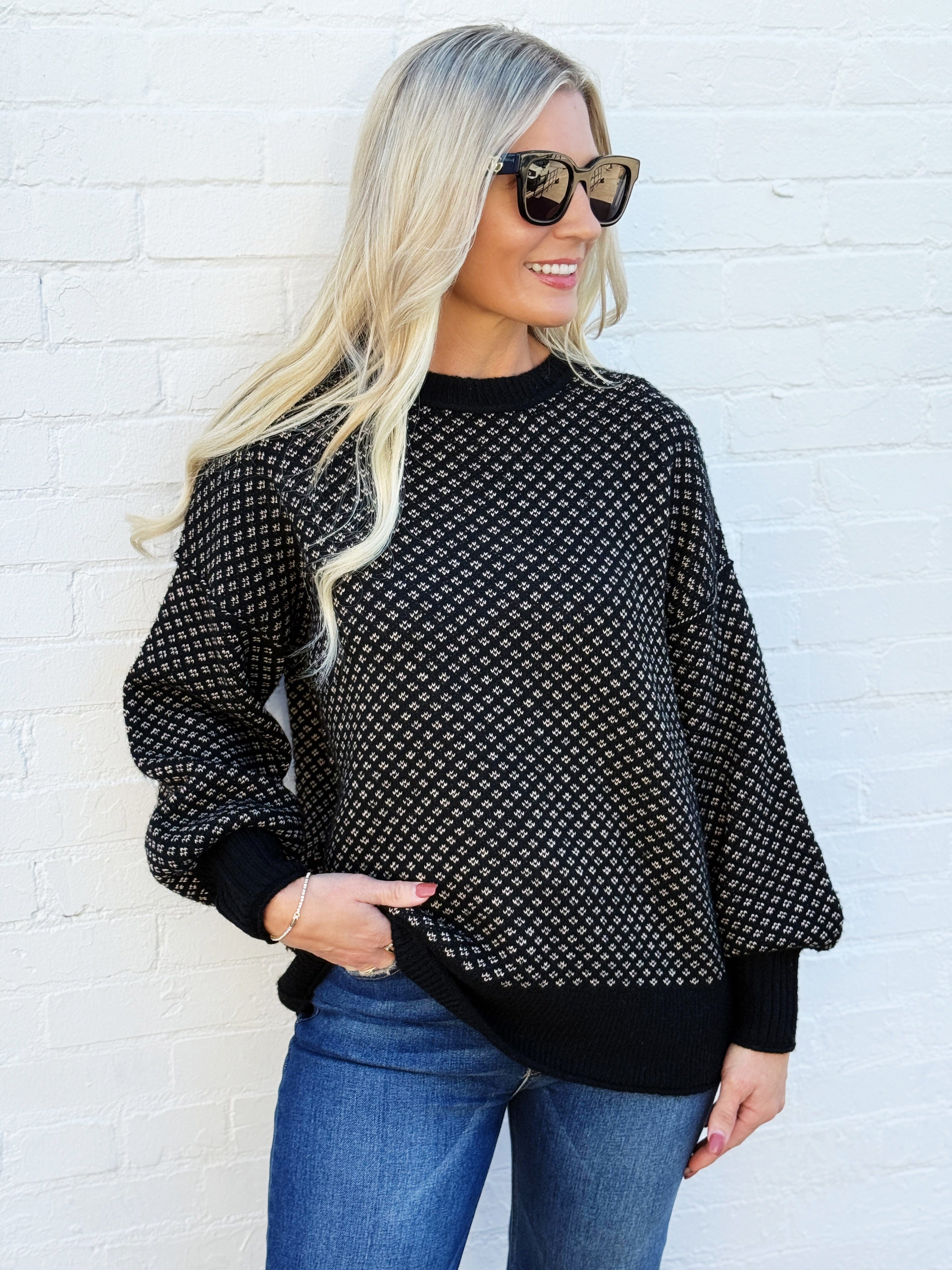 blu pepper Tops - Sweaters Mini Jacquard Crew Neck Knit Sweater In Black