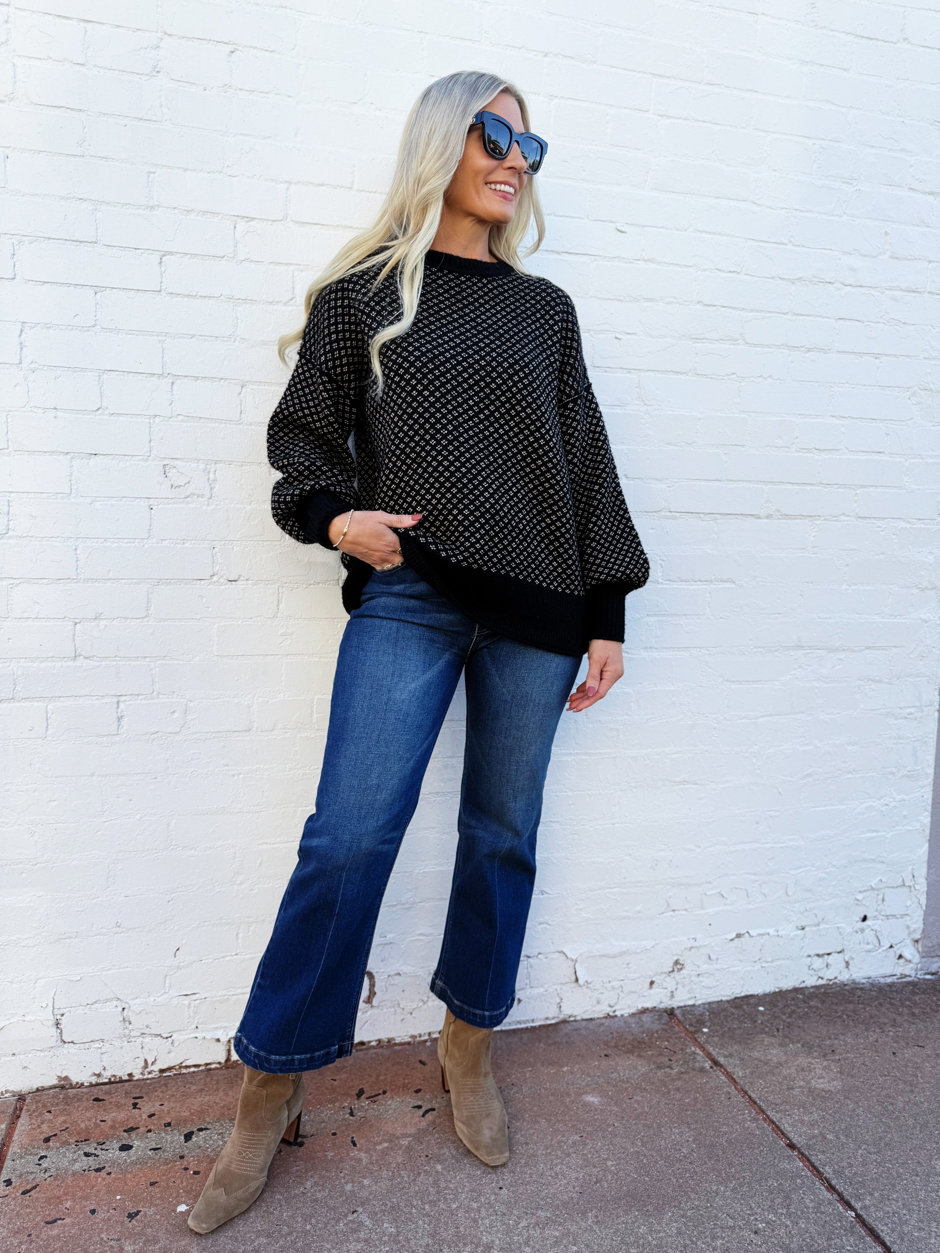 blu pepper Tops - Sweaters Mini Jacquard Crew Neck Knit Sweater In Black