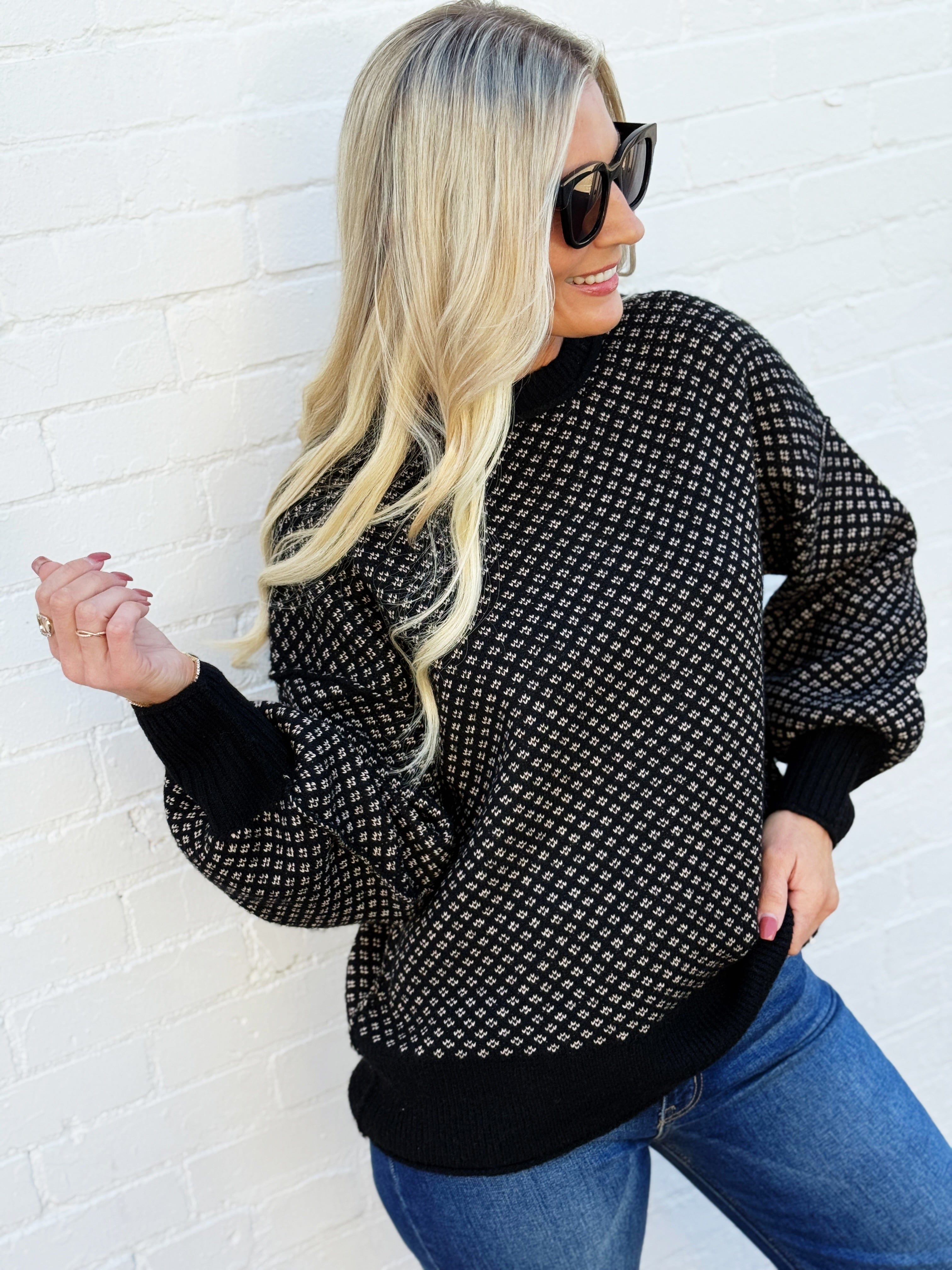 blu pepper Tops - Sweaters Mini Jacquard Crew Neck Knit Sweater In Black