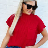 blu pepper Tops - Sweaters Mock Neck Pocket Detail Sweater In Red