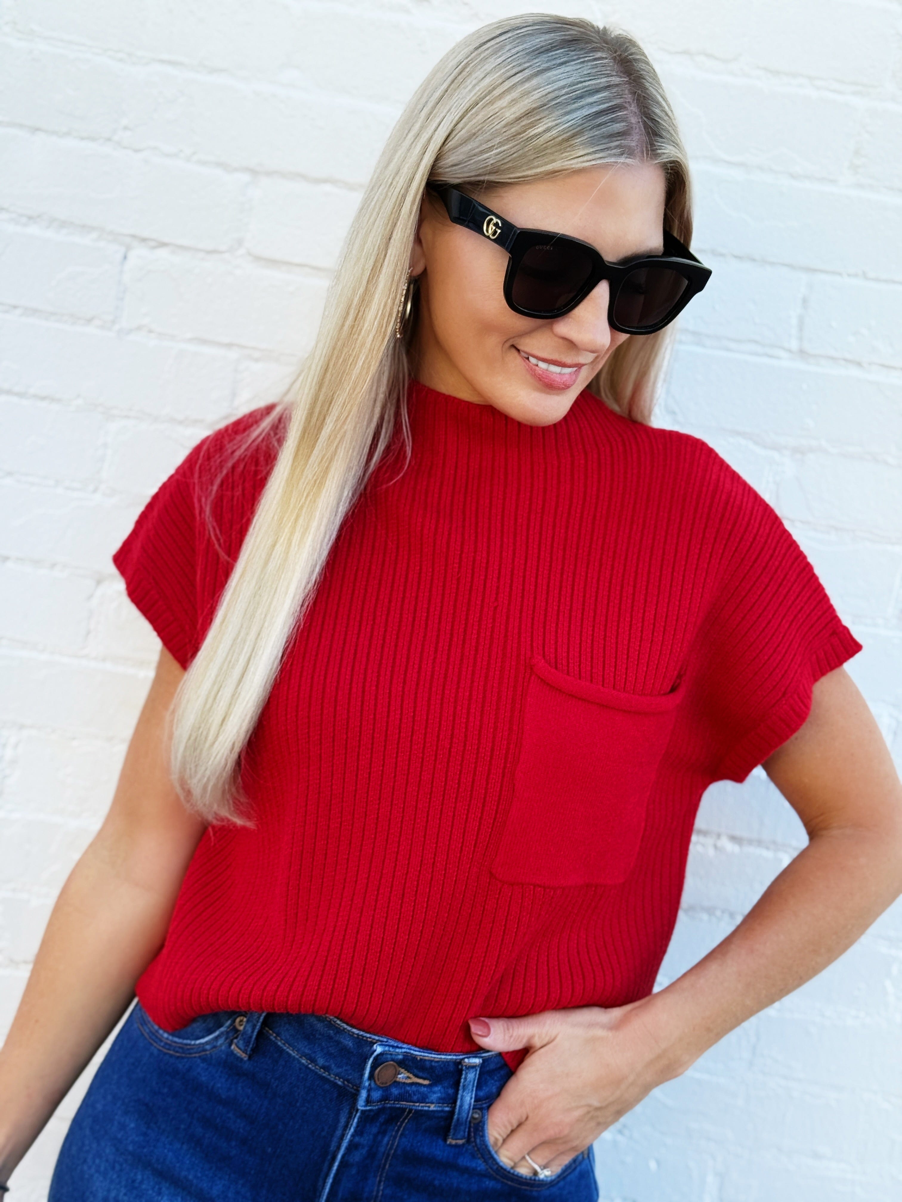 blu pepper Tops - Sweaters Mock Neck Pocket Detail Sweater In Red