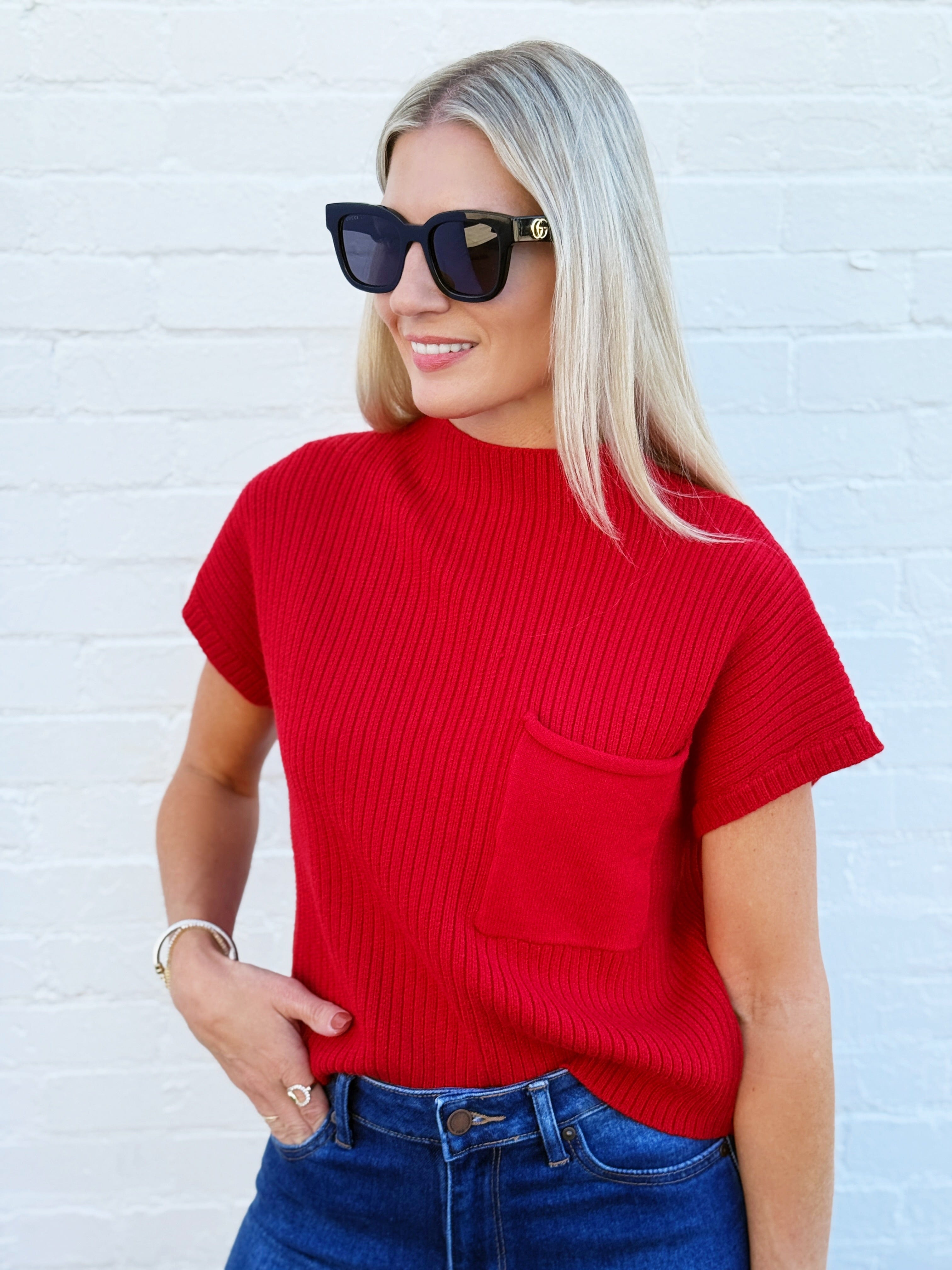 blu pepper Tops - Sweaters Mock Neck Pocket Detail Sweater In Red