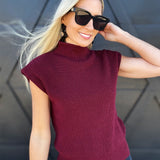 blu pepper Tops - Sweaters Mock Neck Sleeveless Sweater In Burgundy