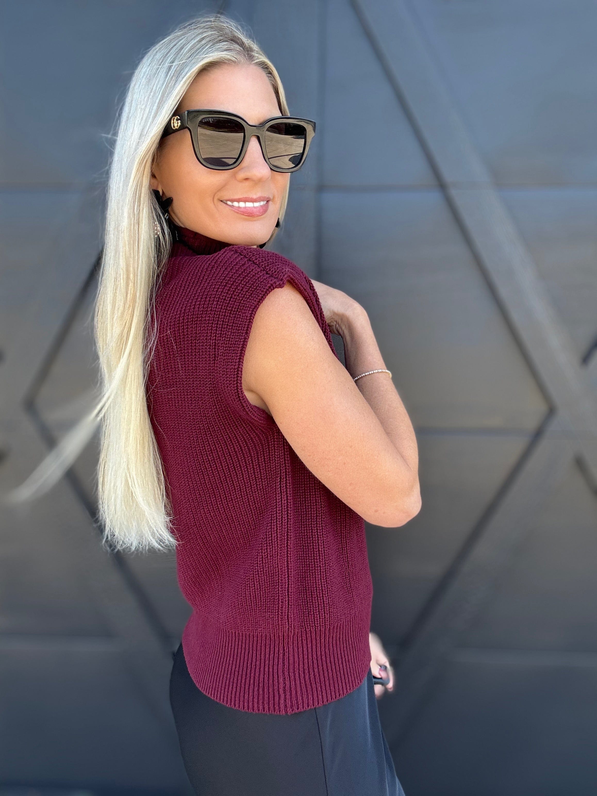 blu pepper Tops - Sweaters Mock Neck Sleeveless Sweater In Burgundy