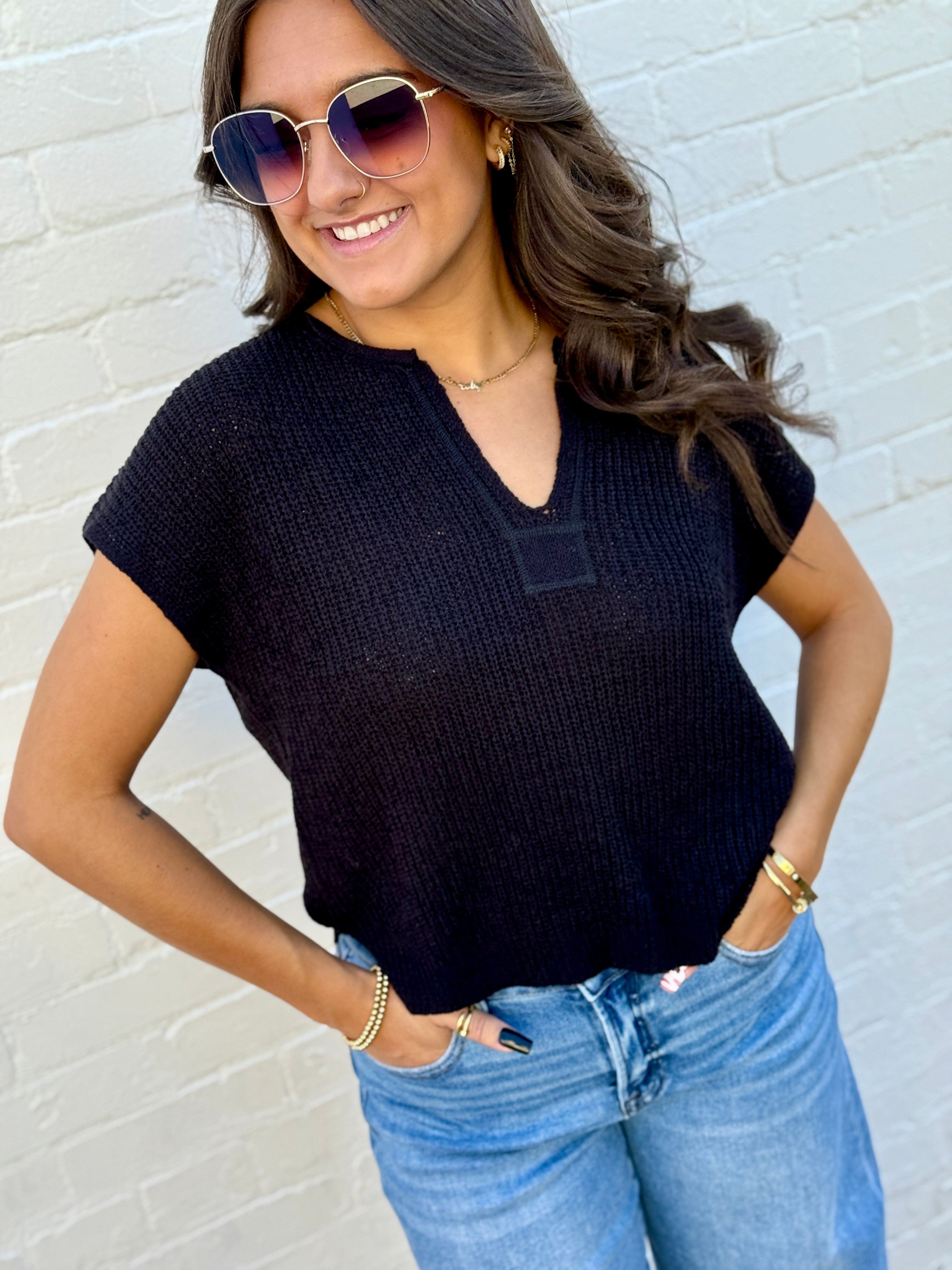 blu pepper Tops - Sweaters Split Neck Top In Black