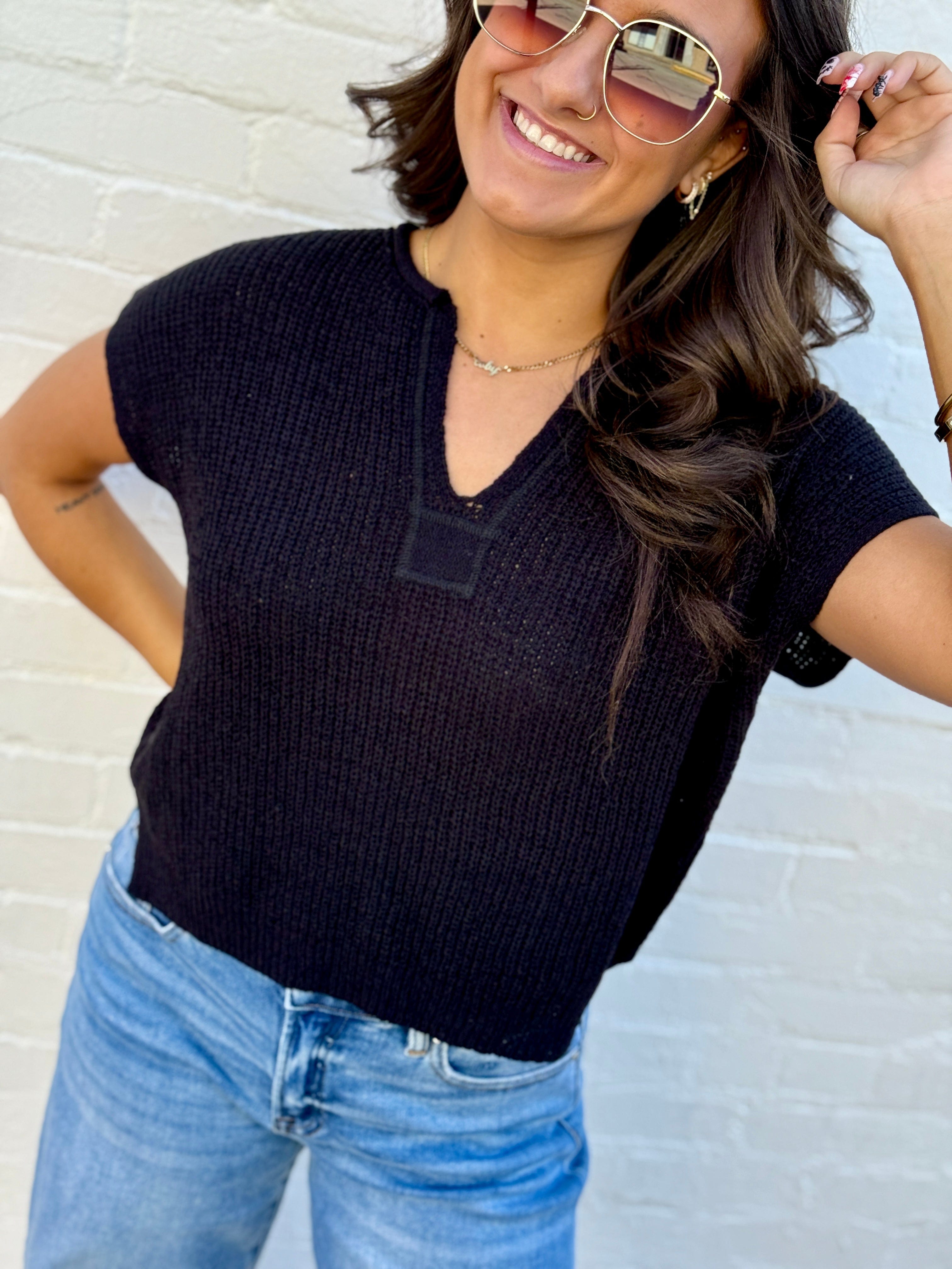 blu pepper Tops - Sweaters Split Neck Top In Black