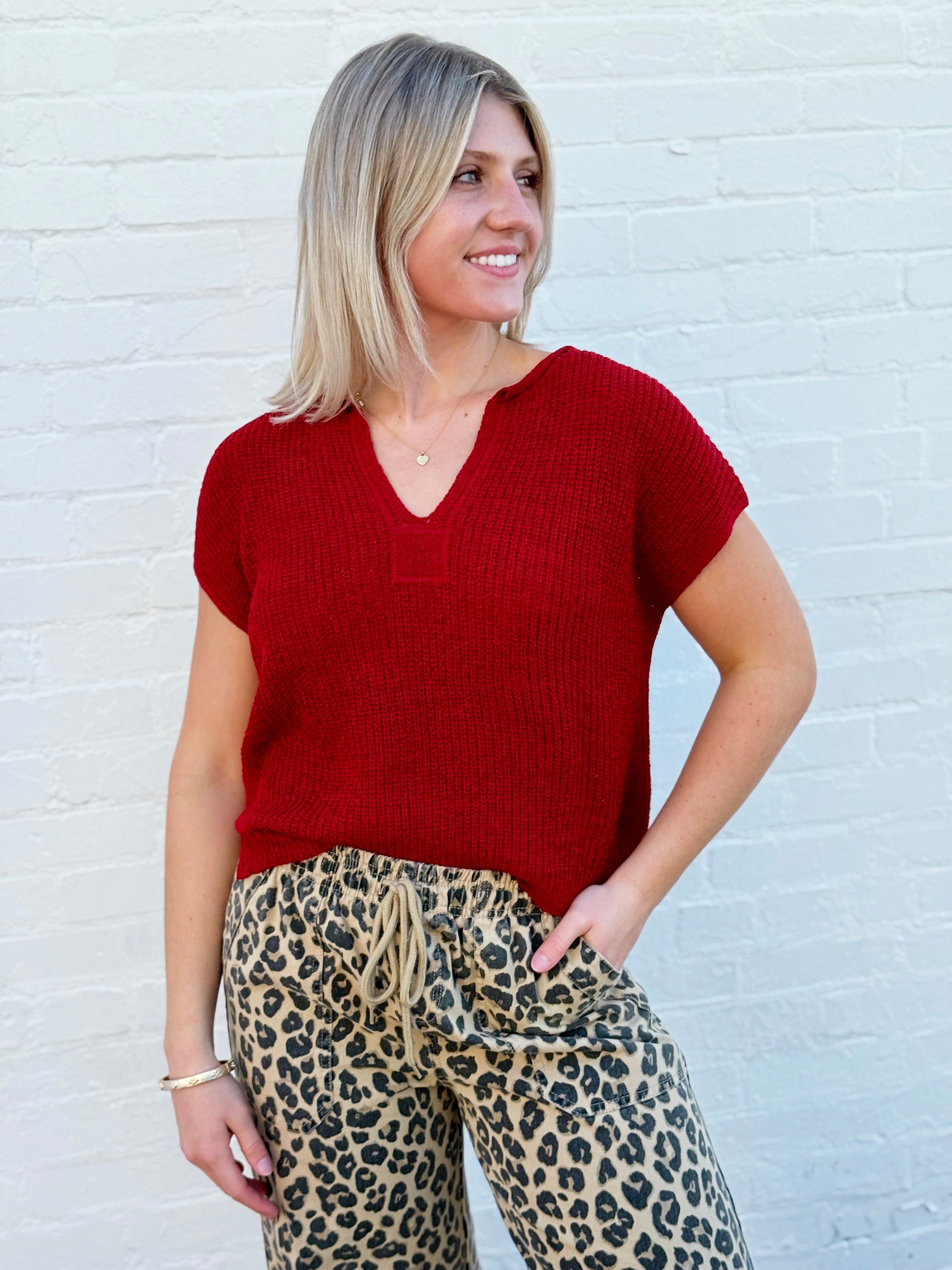 blu pepper Tops - Sweaters Split Neck Top In Red