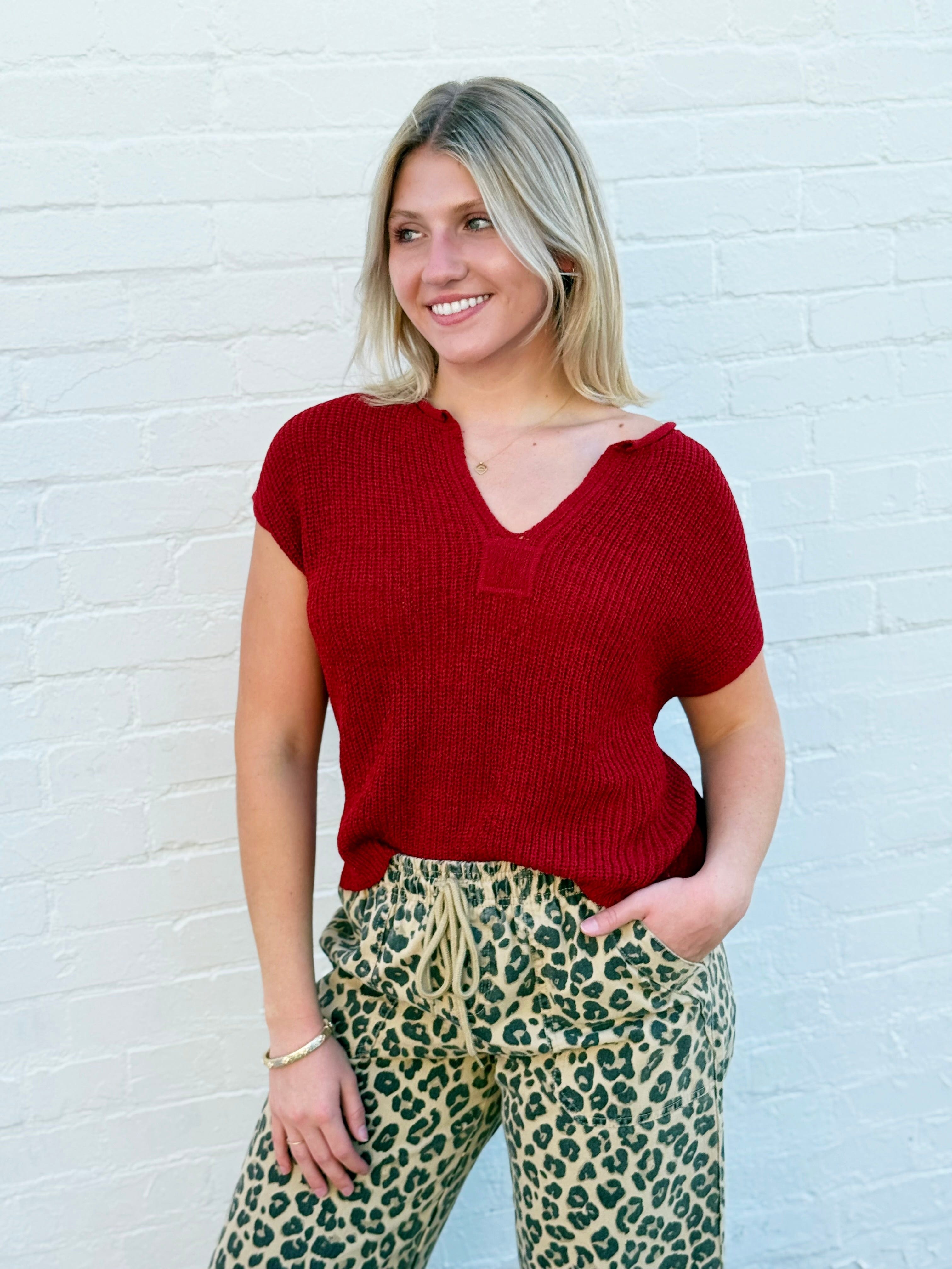 blu pepper Tops - Sweaters Split Neck Top In Red