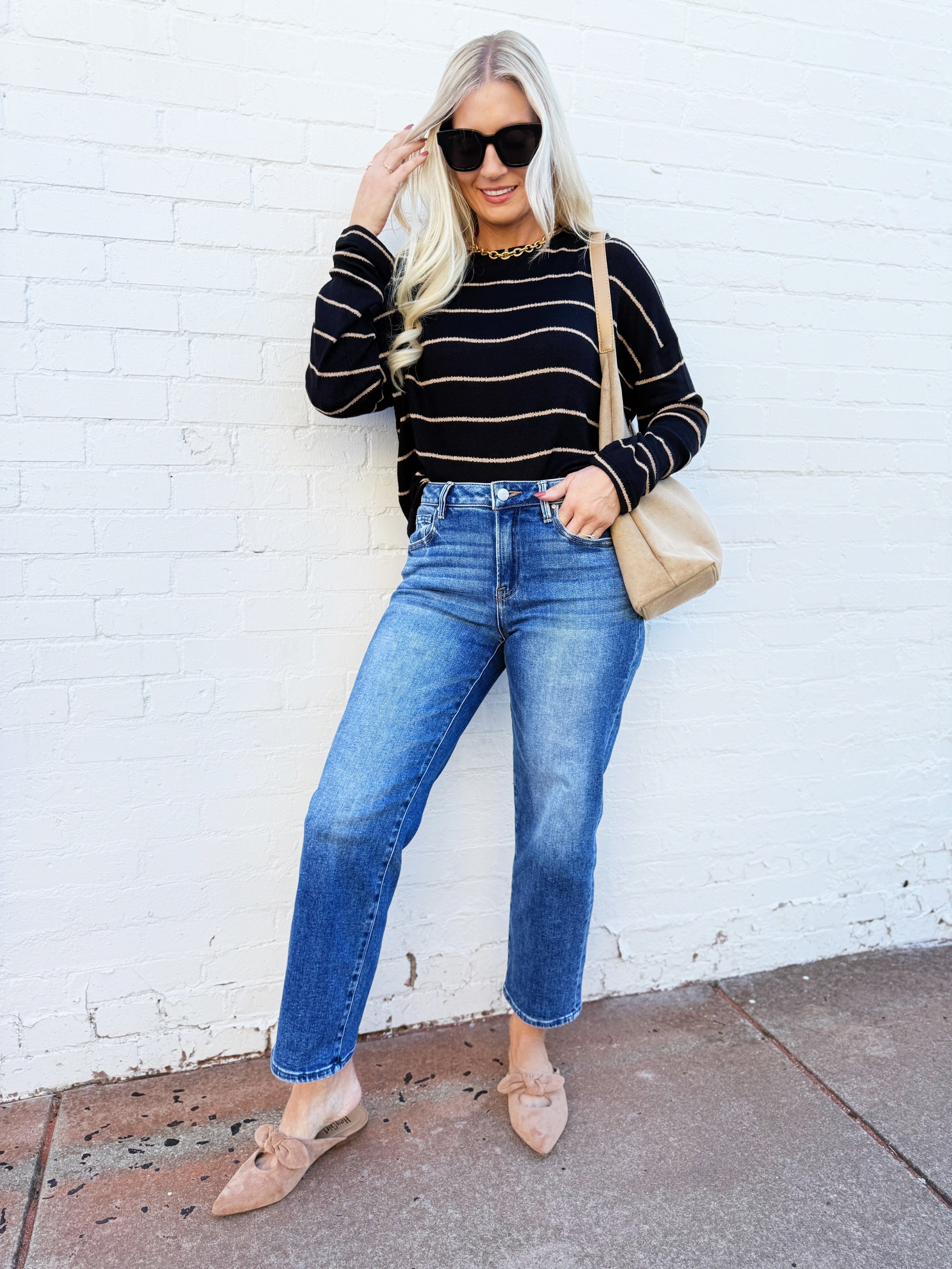 blu pepper Tops - Sweaters Stripe Long Sleeve Knit Top In Black