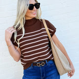 blu pepper Tops - Sweaters Stripe Mock Neck Sweater In Chocolate
