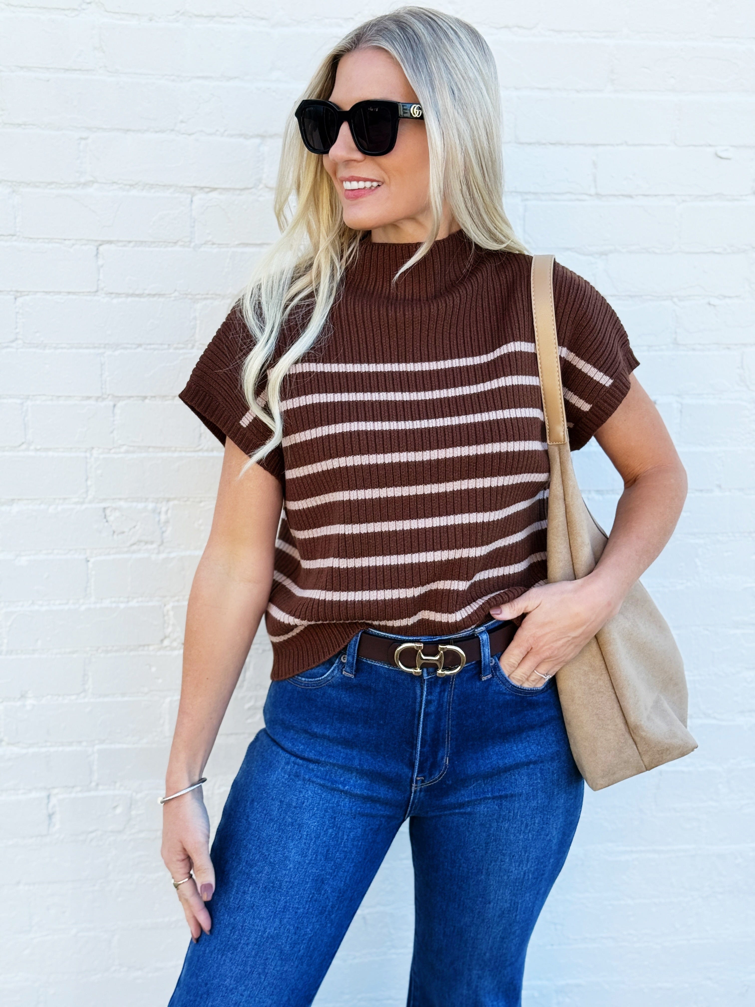 blu pepper Tops - Sweaters Stripe Mock Neck Sweater In Chocolate