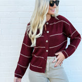 blu pepper Tops - Sweaters Stripe Round Neck Button Down Cardigan In Redwood