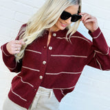 blu pepper Tops - Sweaters Stripe Round Neck Button Down Cardigan In Redwood