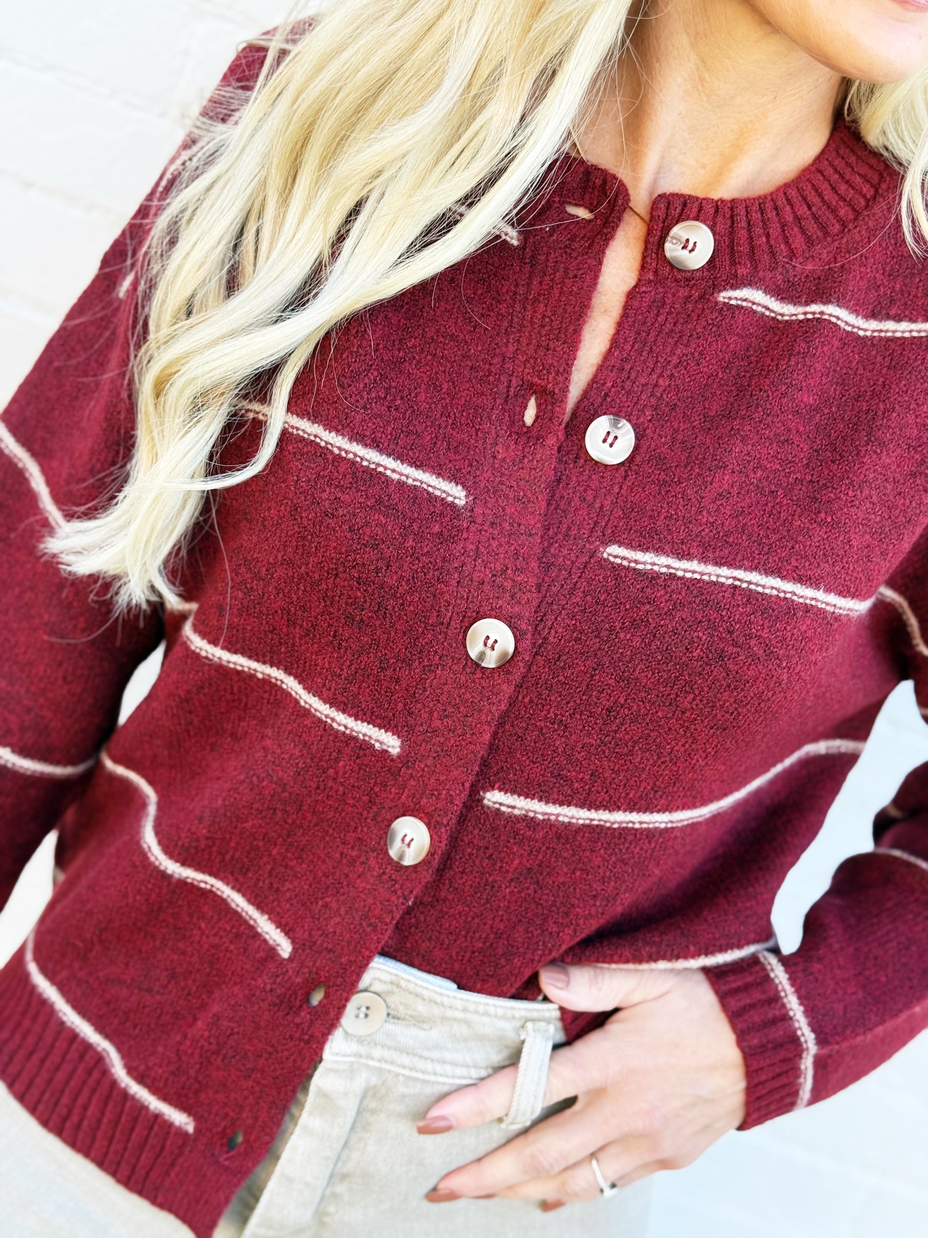 blu pepper Tops - Sweaters Stripe Round Neck Button Down Cardigan In Redwood