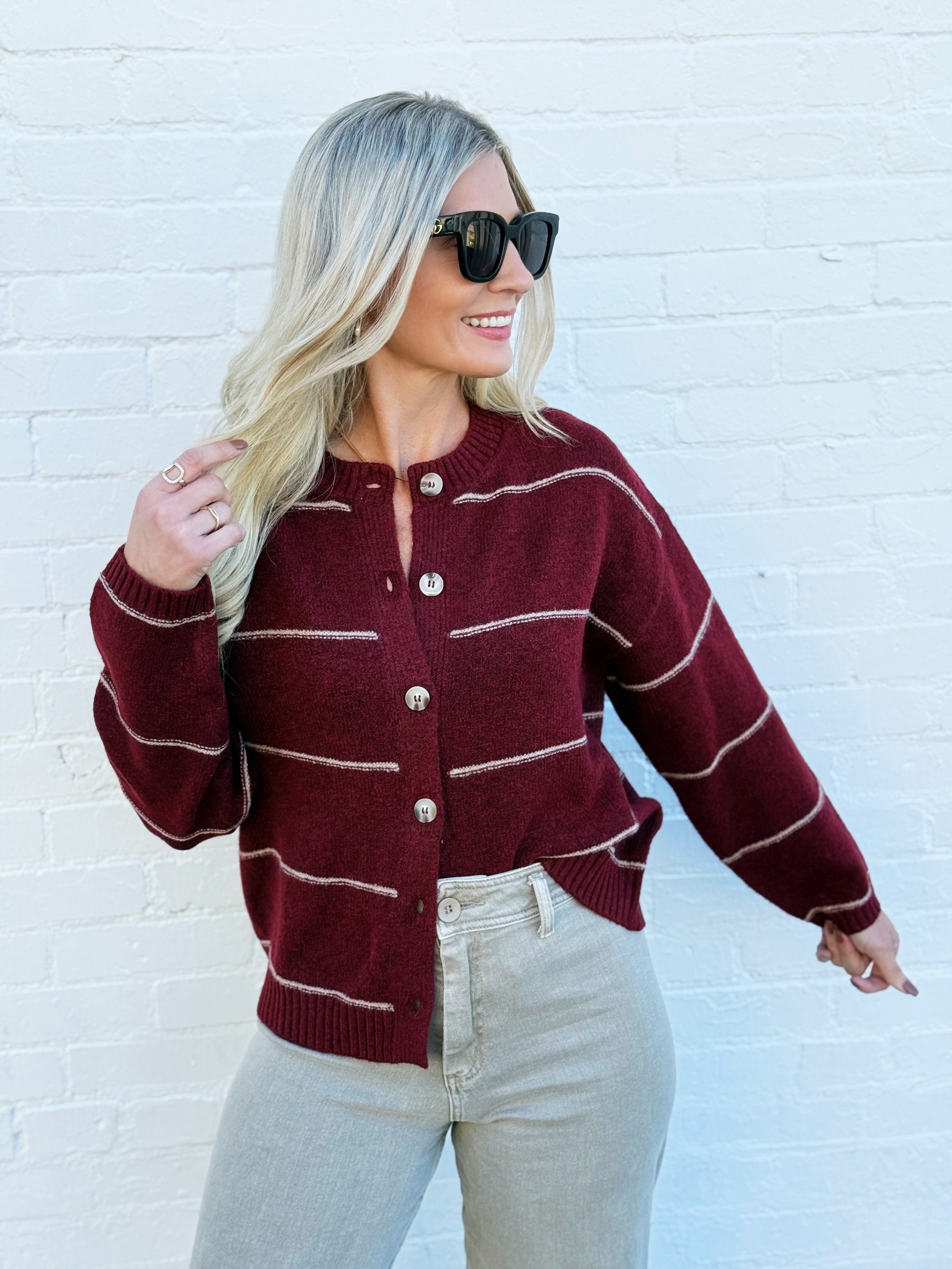 blu pepper Tops - Sweaters Stripe Round Neck Button Down Cardigan In Redwood