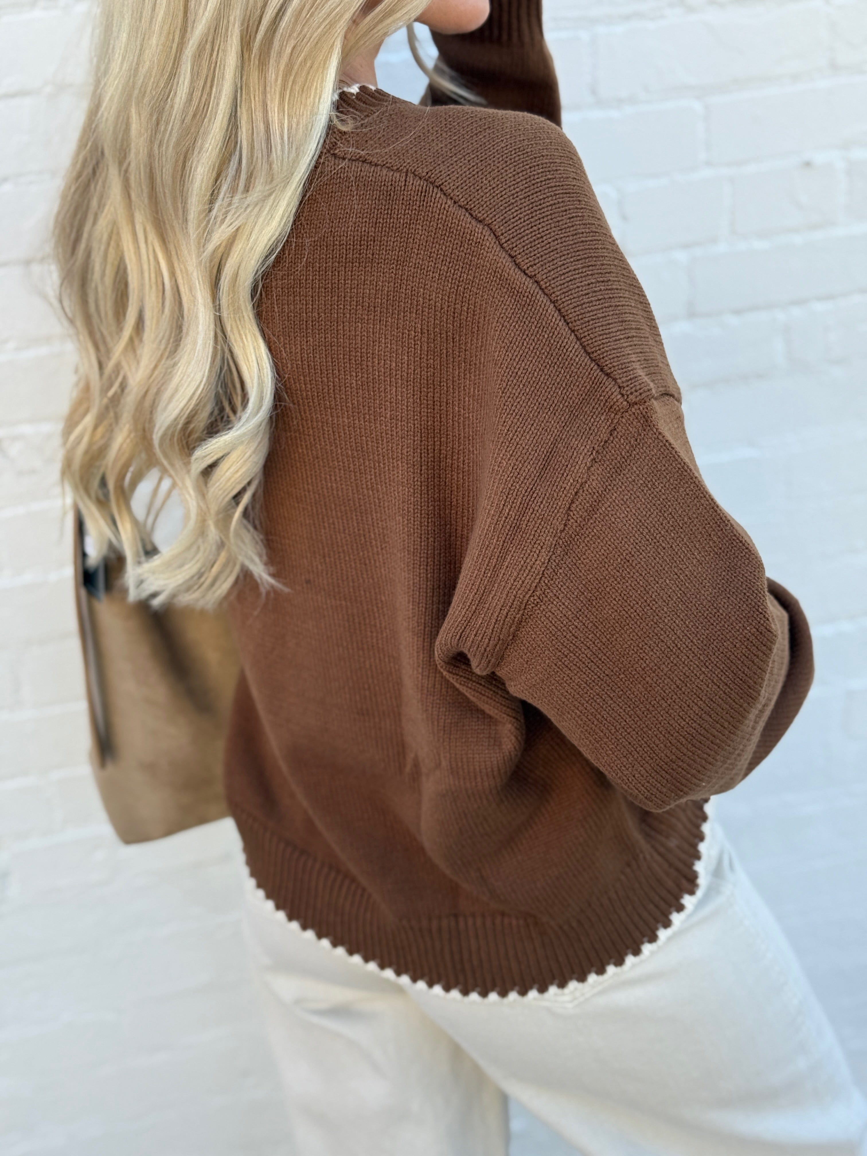 blu pepper Tops - Sweaters Trimmed Round Neck Sweater In Brown