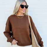 blu pepper Tops - Sweaters Trimmed Round Neck Sweater In Brown