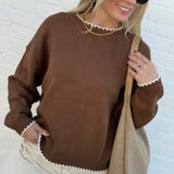 blu pepper Tops - Sweaters Trimmed Round Neck Sweater In Brown