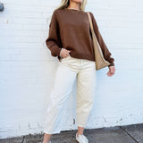 blu pepper Tops - Sweaters Trimmed Round Neck Sweater In Brown