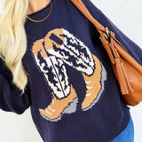blu pepper Tops - Sweaters Western Boot Knit Sweater In Navy