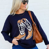 blu pepper Tops - Sweaters Western Boot Knit Sweater In Navy