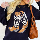 blu pepper Tops - Sweaters Western Boot Knit Sweater In Navy