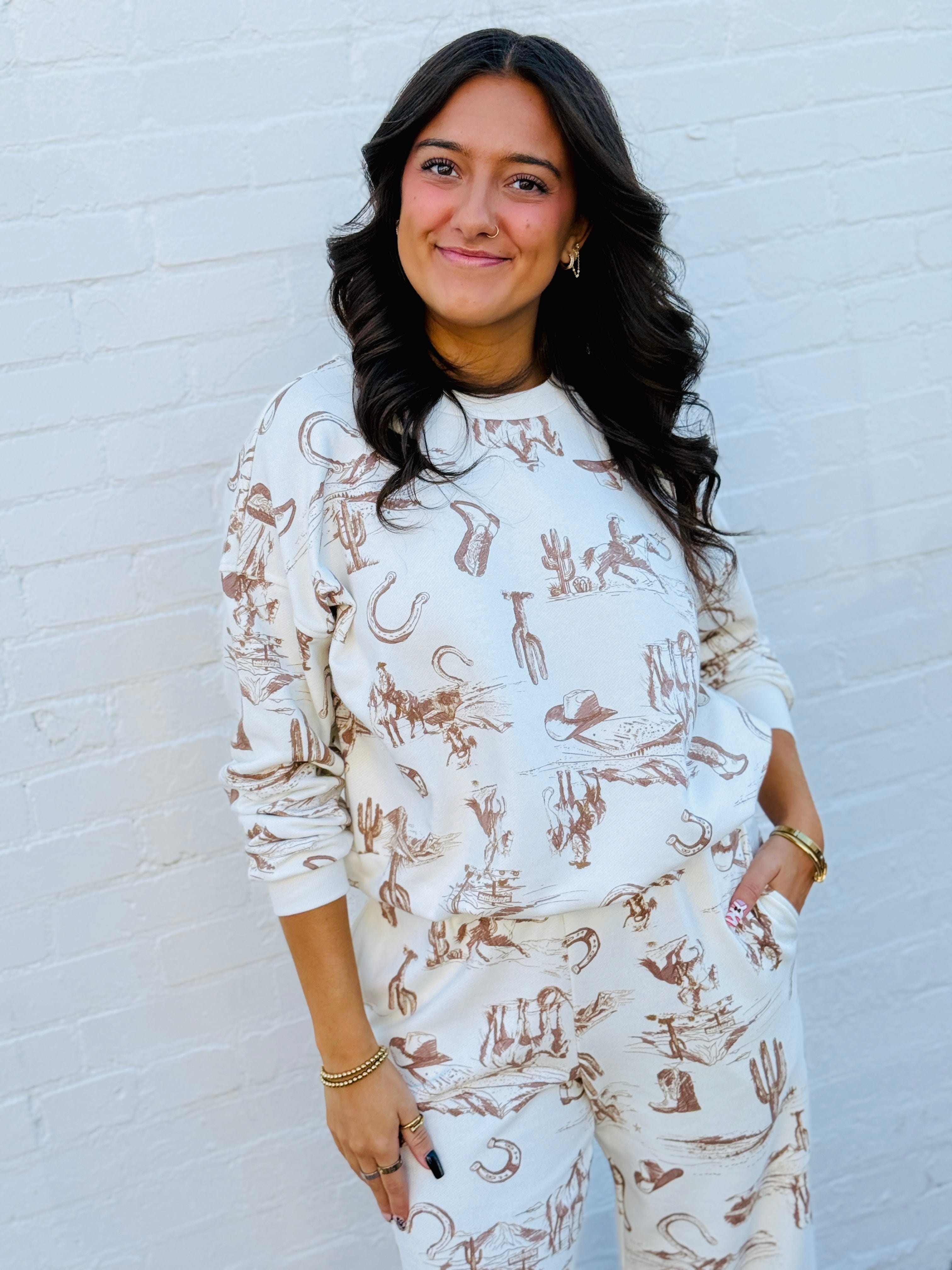 blu pepper Tops - Sweatshirts Western Print Crewneck In Cream