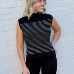blu pepper Tops - Tanks Stripe Mock Neck Side Slit Sweater In Black