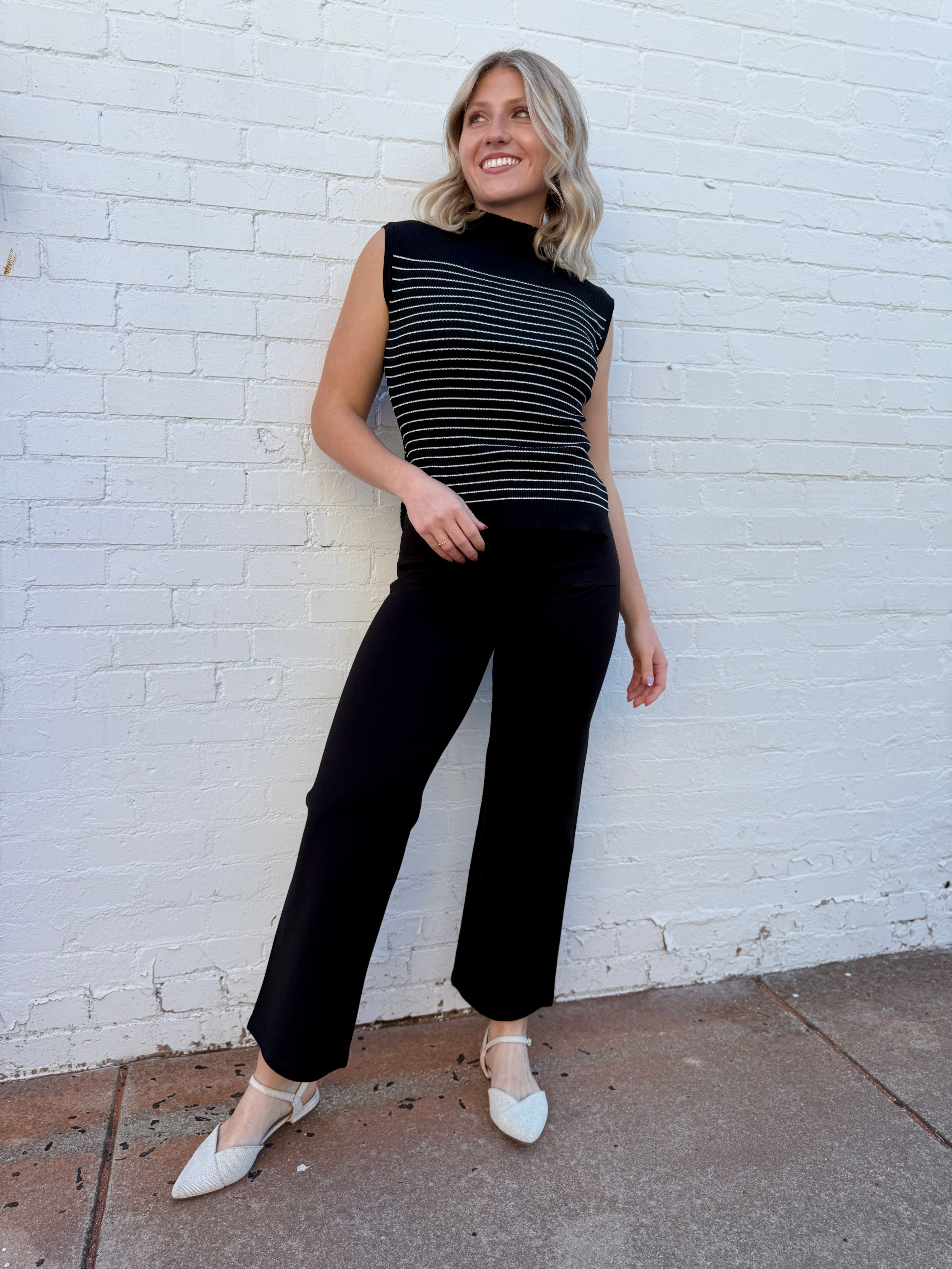 blu pepper Tops - Tanks Stripe Mock Neck Side Slit Sweater In Black