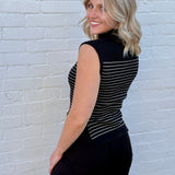 blu pepper Tops - Tanks Stripe Mock Neck Side Slit Sweater In Black