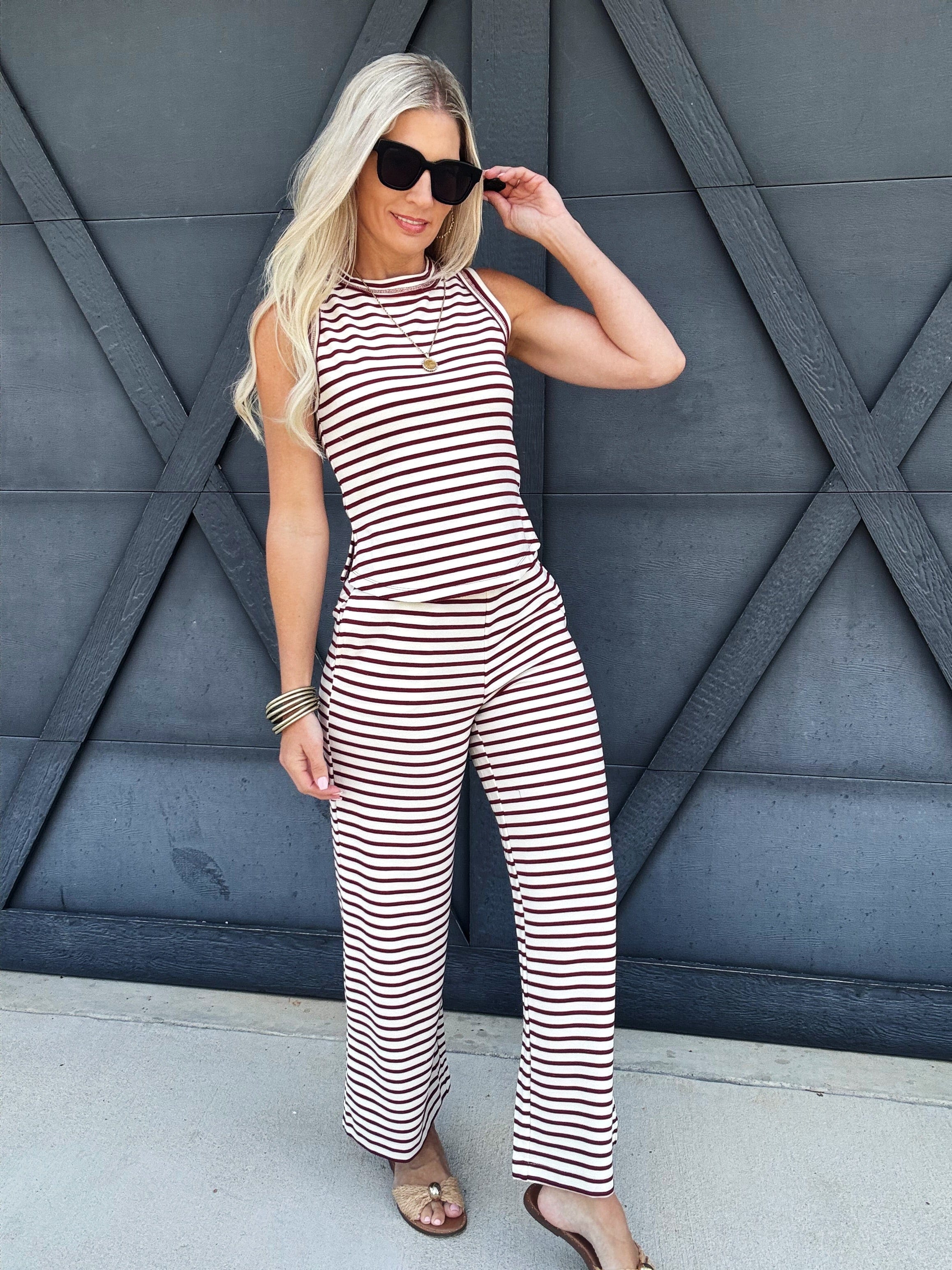 Stripe Round Neck Knit Tank In Burgundy - Infinity Raine