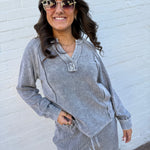 blu pepper Tops - Tees Washed Ribbed Split Neck Top In Charcoal