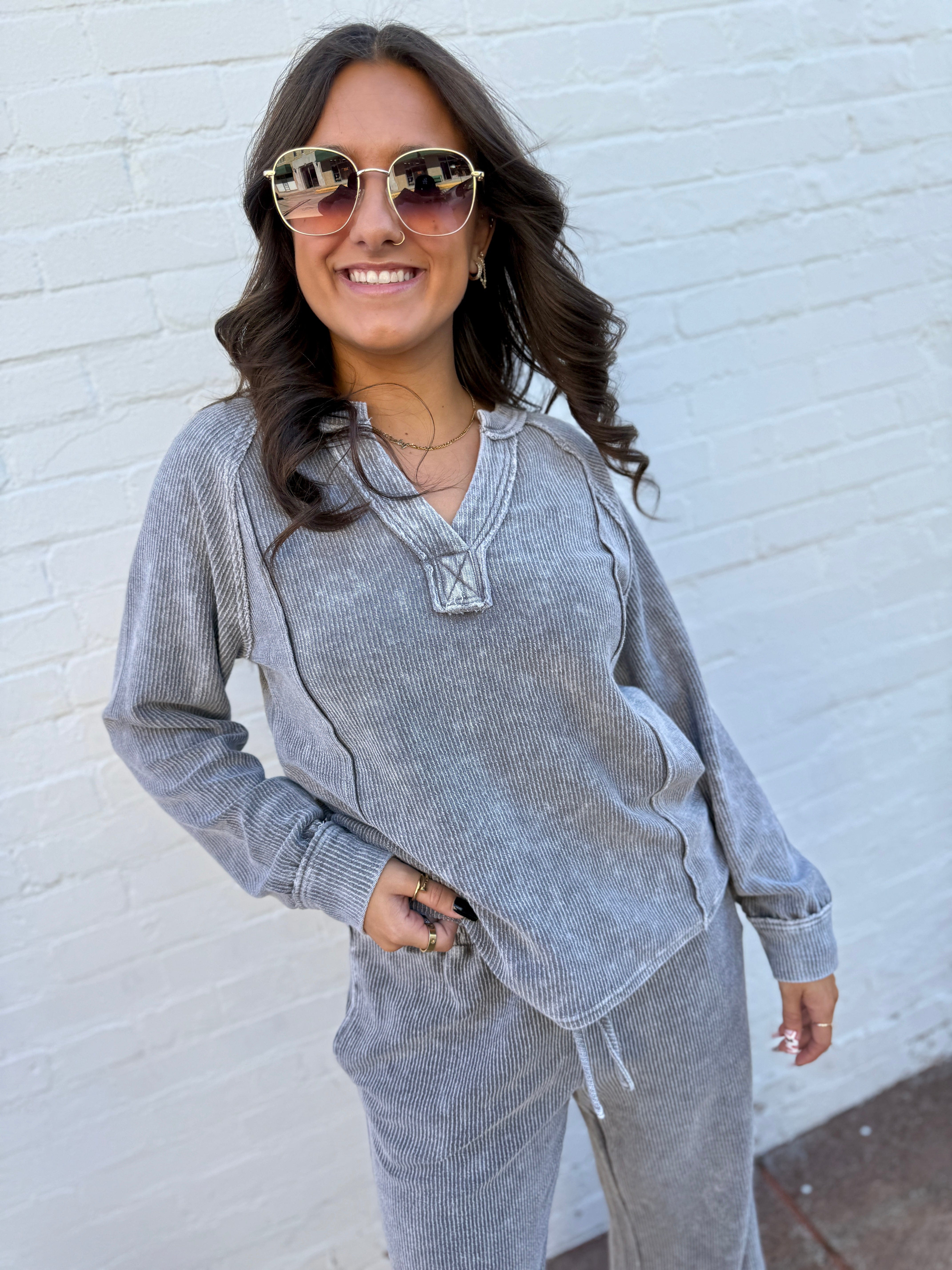 blu pepper Tops - Tees Washed Ribbed Split Neck Top In Charcoal