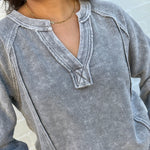 blu pepper Tops - Tees Washed Ribbed Split Neck Top In Charcoal