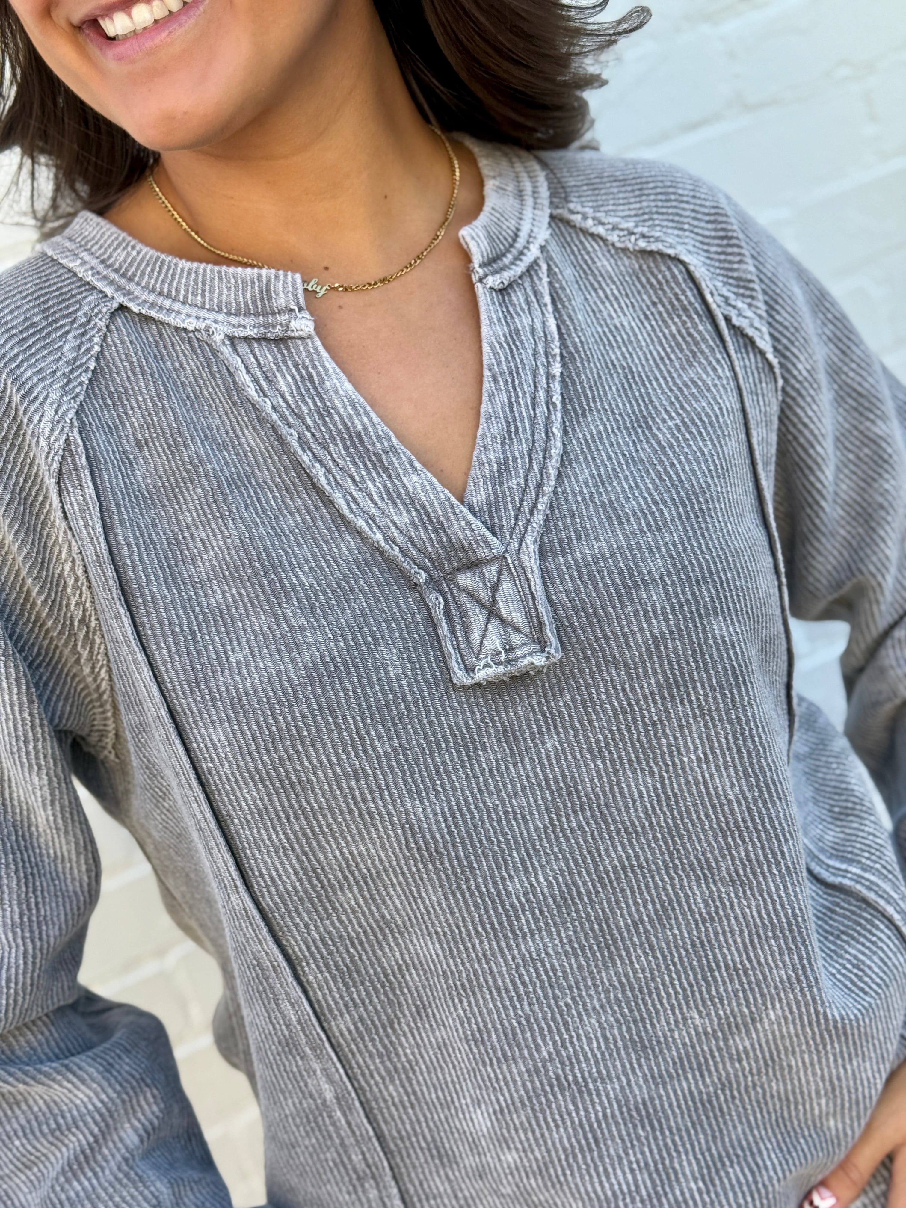 blu pepper Tops - Tees Washed Ribbed Split Neck Top In Charcoal