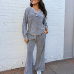 blu pepper Tops - Tees Washed Ribbed Split Neck Top In Charcoal