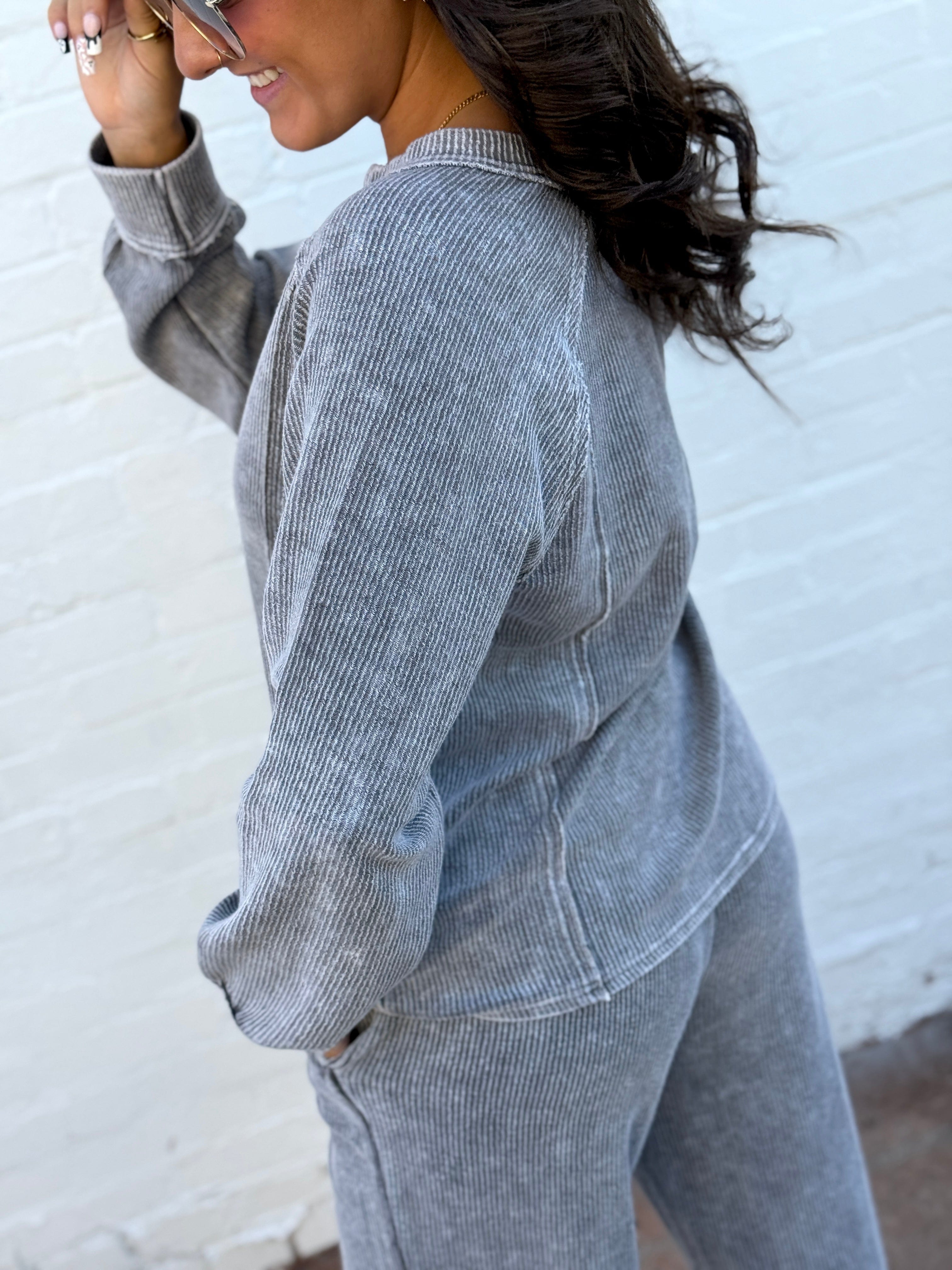 blu pepper Tops - Tees Washed Ribbed Split Neck Top In Charcoal