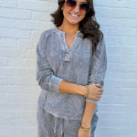 blu pepper Tops - Tees Washed Ribbed Split Neck Top In Charcoal