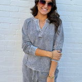 blu pepper Tops - Tees Washed Ribbed Split Neck Top In Charcoal