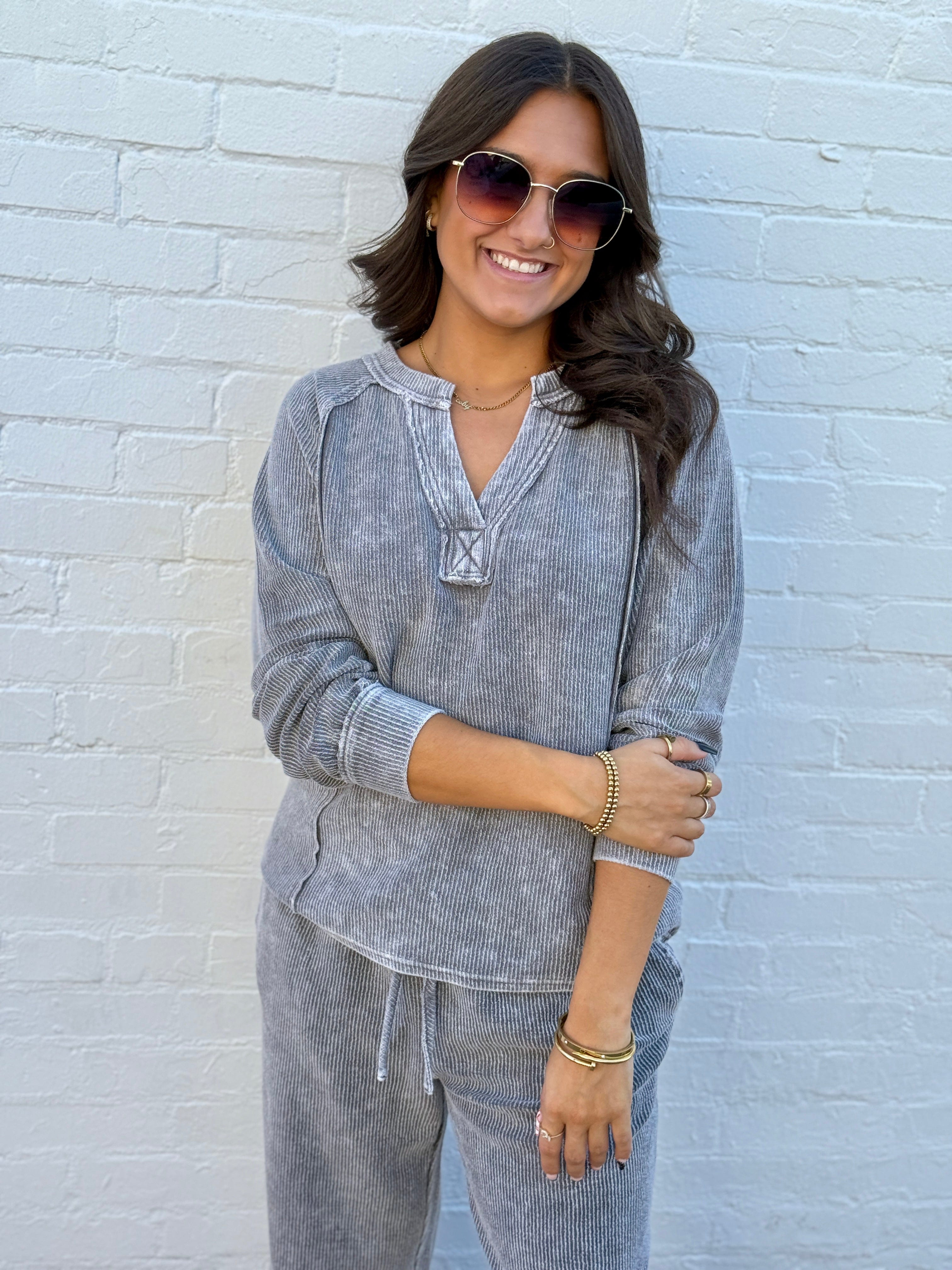 blu pepper Tops - Tees Washed Ribbed Split Neck Top In Charcoal